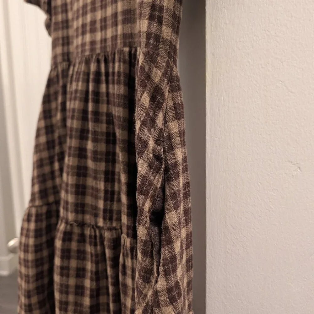 Disturbia- Brown Plaid V-Neck Tiered Short Dress - Picture 4 of 8